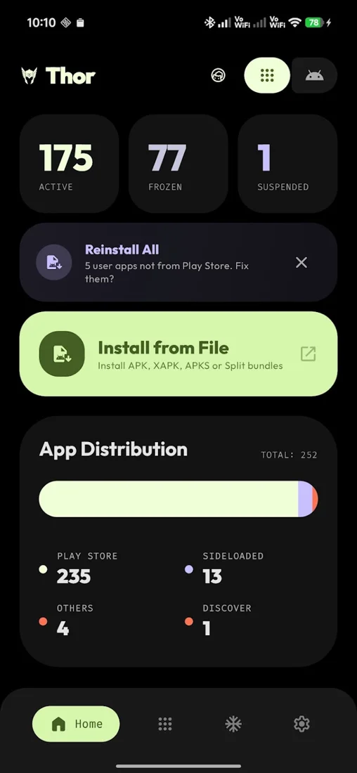 Thor dashboard with app management and installation tools, from Google Play